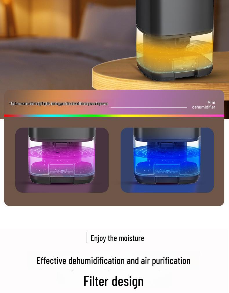 Compact Silent Bedroom Dehumidifier with 350ml Capacity and Colorful LED Display