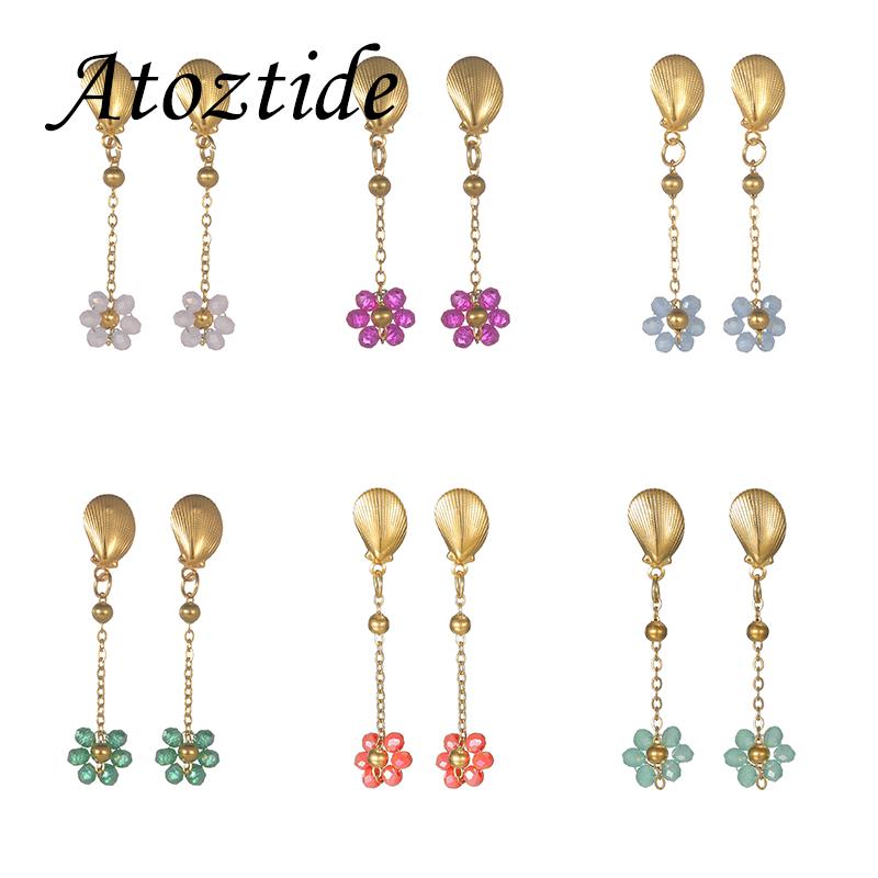 Atoztide Trendy Exquisite Colorful Flower Tassel Earring for Women Stainless Steel Gold Color Shell Drop Earring Jewelry Gift
