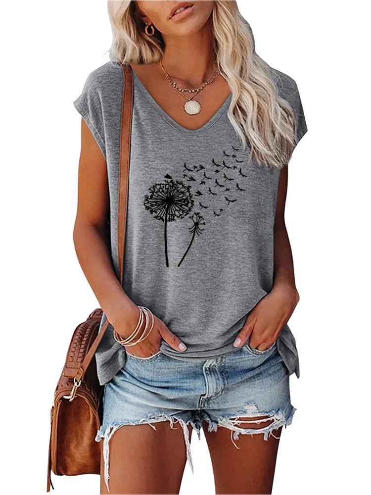 Women Fashion Printed Top Summer V Collar Tee Shirt Ladies Casual Short Sleeve T-shirt