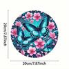 Round Tin Metal Sign with Blue Butterflies and Pink Cherry Blossoms Wall Decor