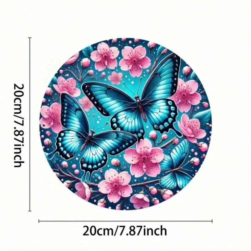 Round Tin Metal Sign with Blue Butterflies and Pink Cherry Blossoms Wall Decor