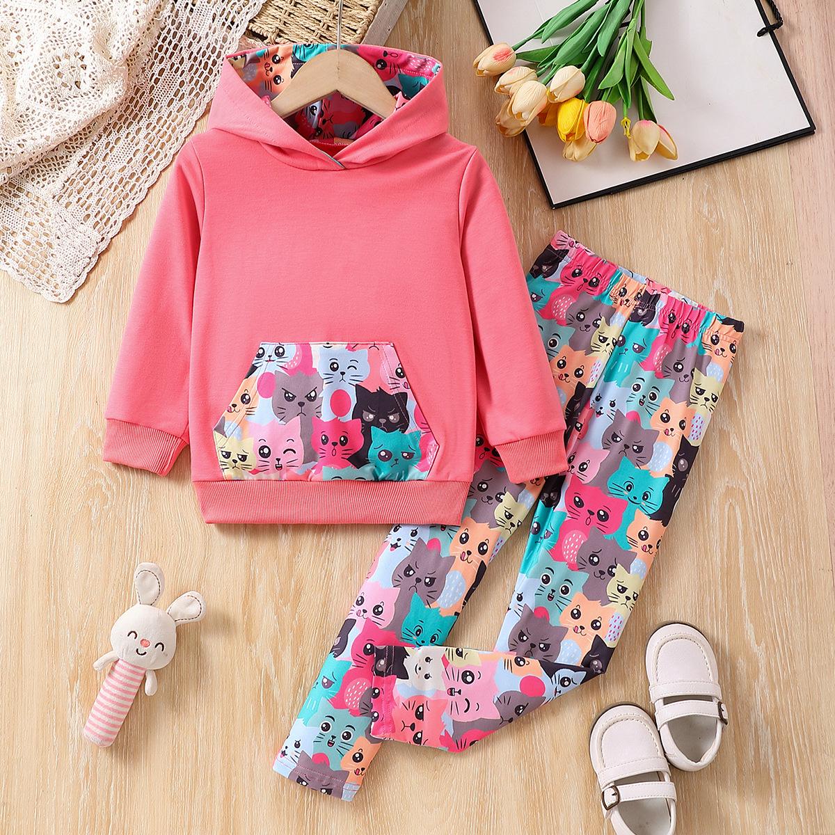Children s Spring/Autumn Cute Cartoon Cat Long Sleeve Two-Piece Set for Girls