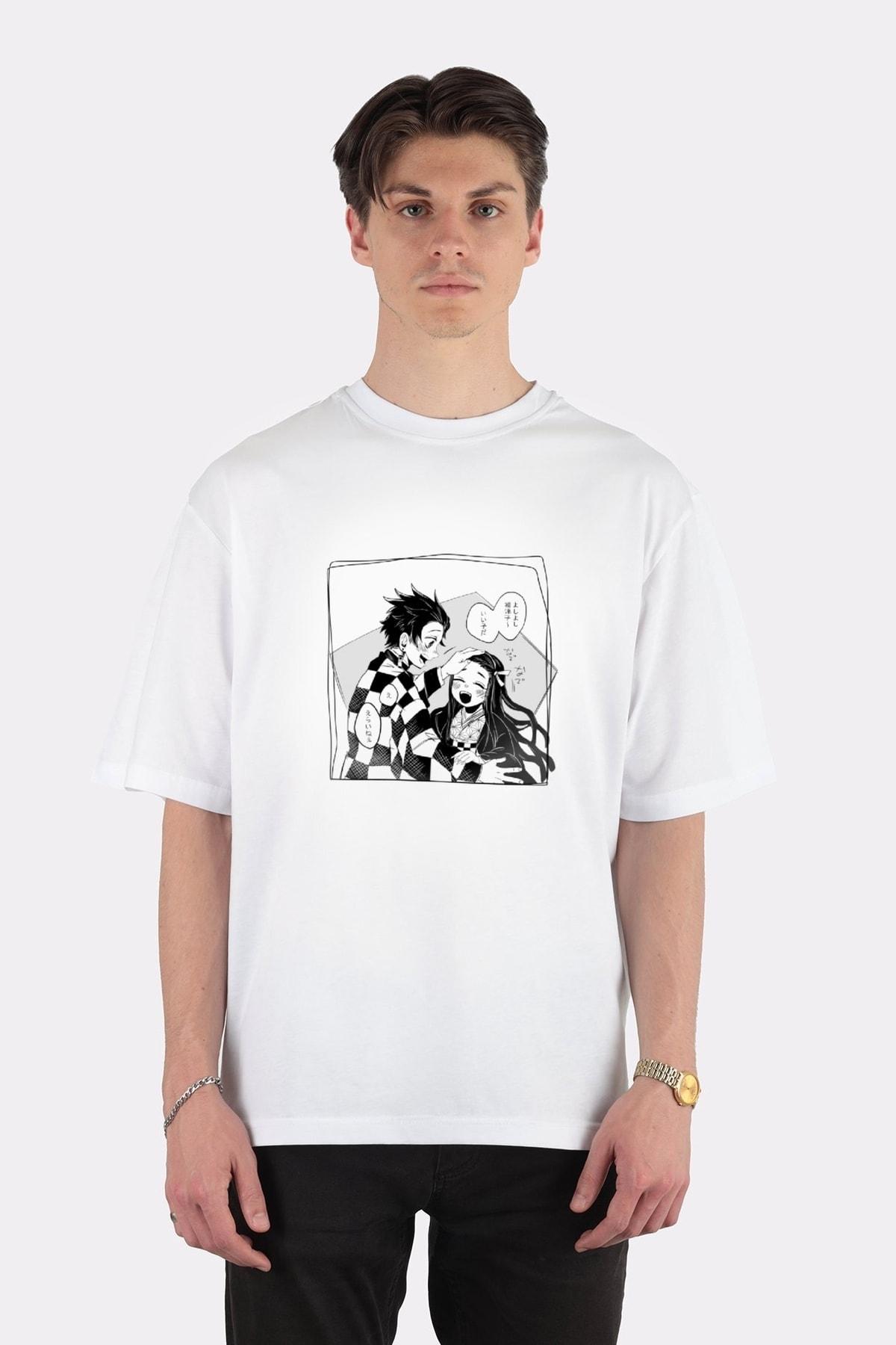 

Unisex Beyaz Oversize T-shirt Tanjiro And Nezuko "manga Style"