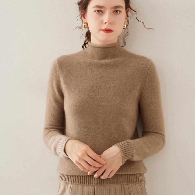 Women's Wool Blend Half-High Neck Knit Sweater - Fashionable Thickened Pullover for Autumn/Winter