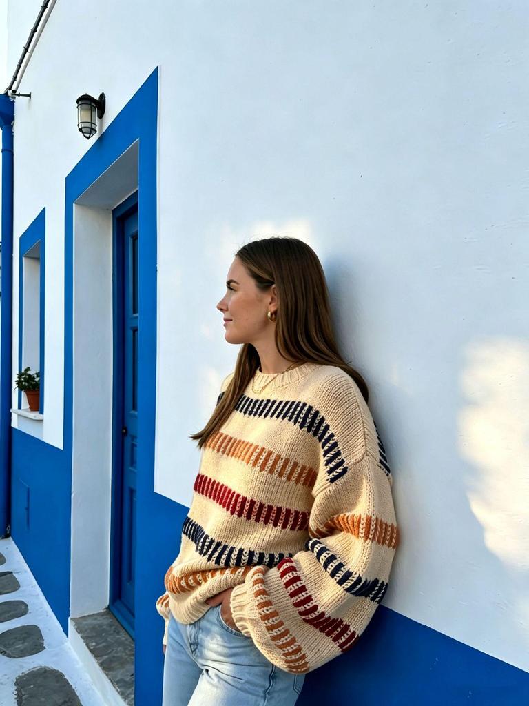 Women's Striped Round Neck Color Block Loose Knit Sweater - Spring/Autumn