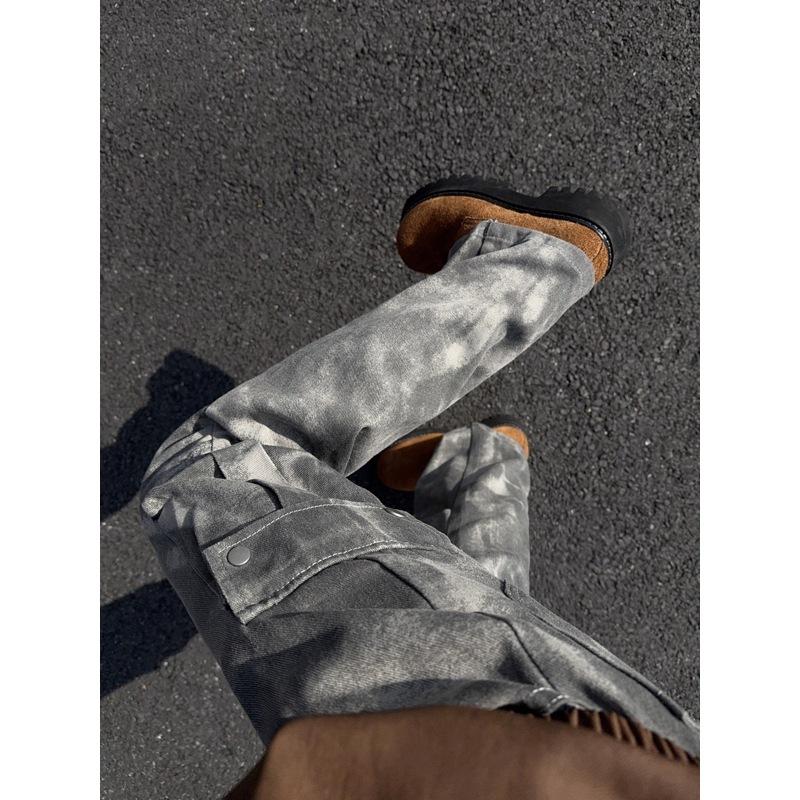 American retro camouflage pants men's summer big pocket tie-dye straight casual pants design sense tooling jeans