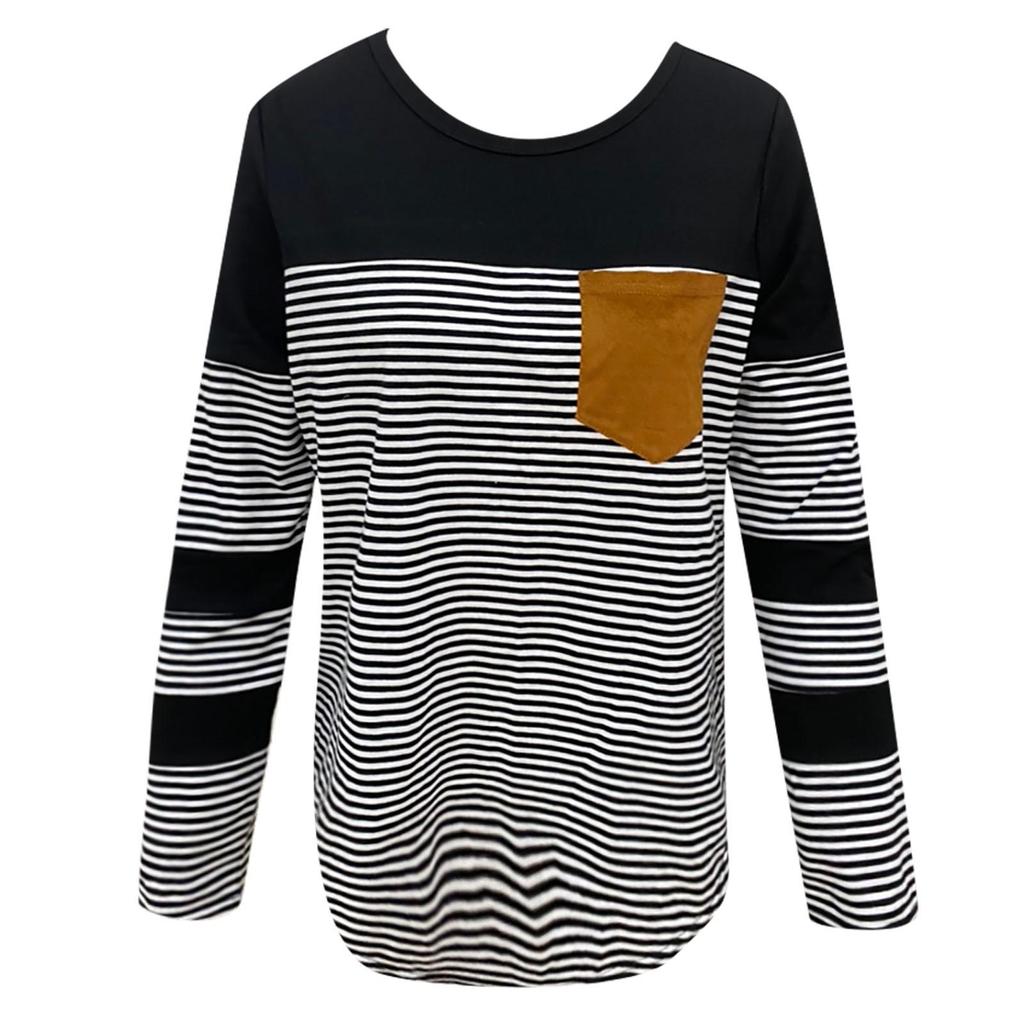 Women's Casual Round Neck Loose Collision Stripes Splicing Long-Sleeved Tops
