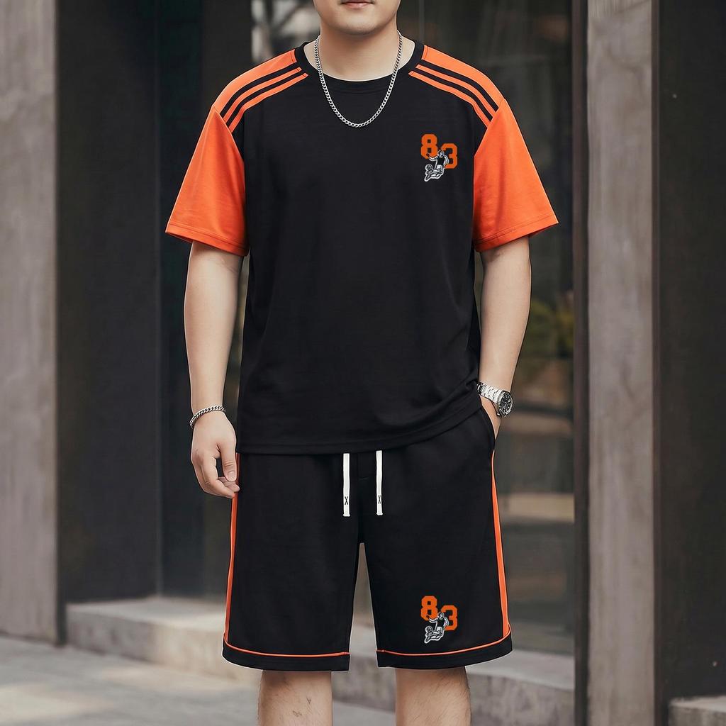 2026 Men's Plus Size Patchwork Short Sleeve Summer Casual Suit - Round Neck Sports Shorts Two-Piece Set