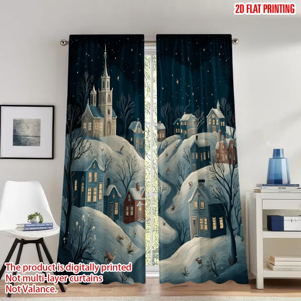 

Set Of 2 Flat Printing Christmas Hot Party Curtains Cozy Winter Village Snowscape Digital Printed Polyester Drapes Family Curtain Made W100*H70(CM)-Rod Pocket&1PCS