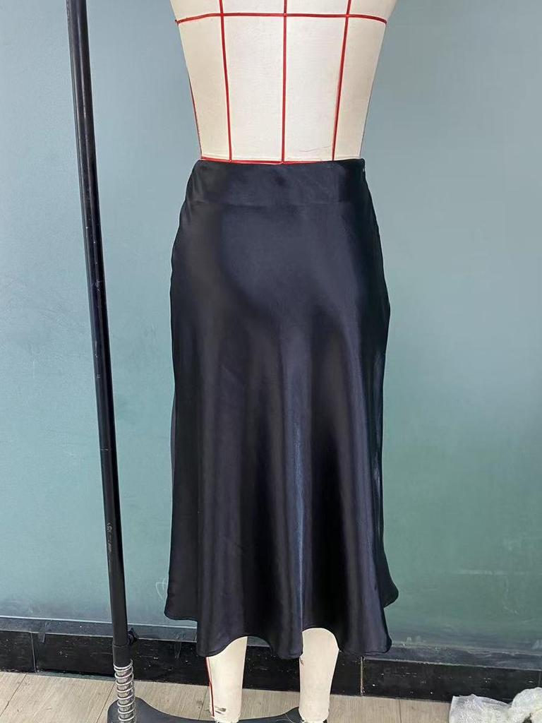 European & American Style Satin Midi Skirt - Spring/Summer 2025 - Elegant A-Line Polyester Skirt