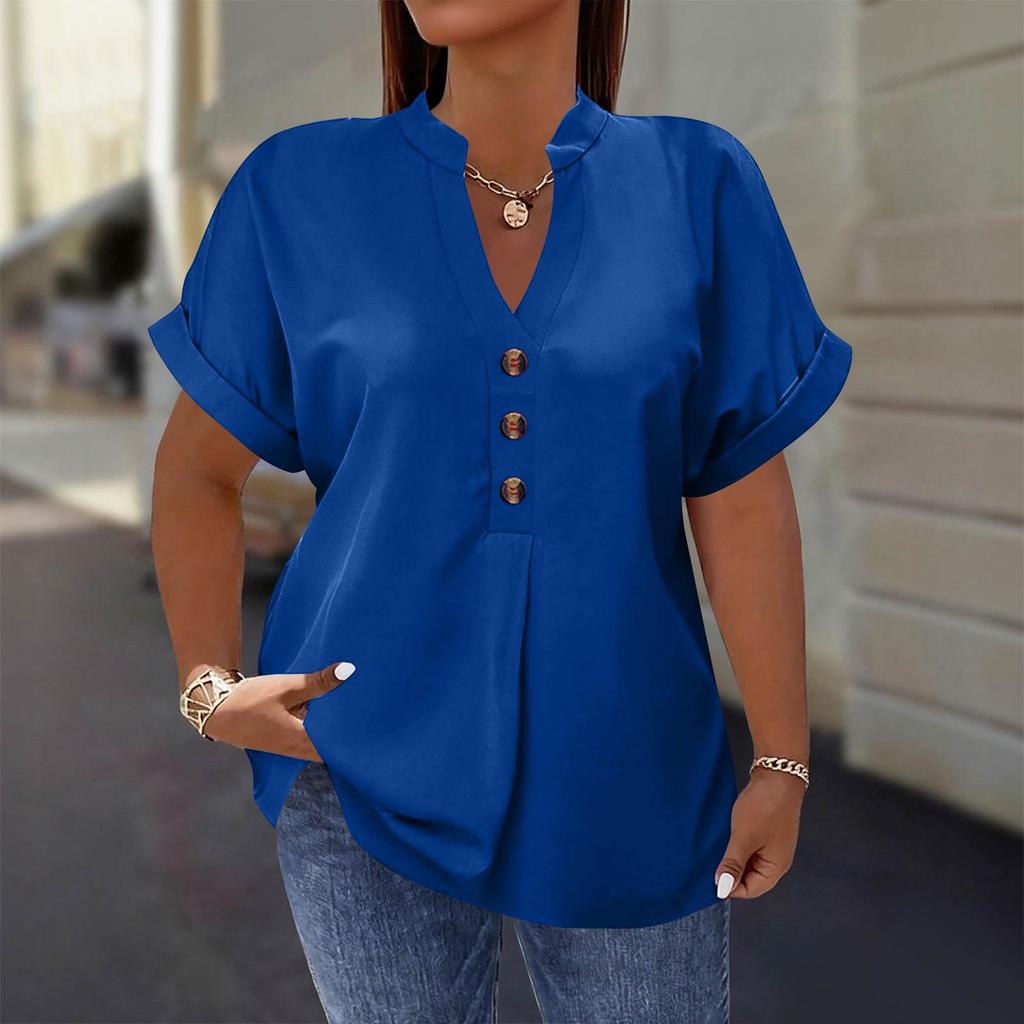 Women's Fashion Short Sleeve V Neck Button Up Blouse Stylish Casual Plus Size Top
