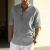 Camicia da uomo con colletto alla coreana, manica lunga arrotolabile, pullover, tinta unita, vestibilità larga, camicia casual, per viaggiare, feste, uso quotidiano