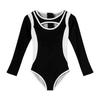2025 Color Block Girls' Long Sleeve One-Piece Swimsuit, Black, Sizes S-L, with Zipper