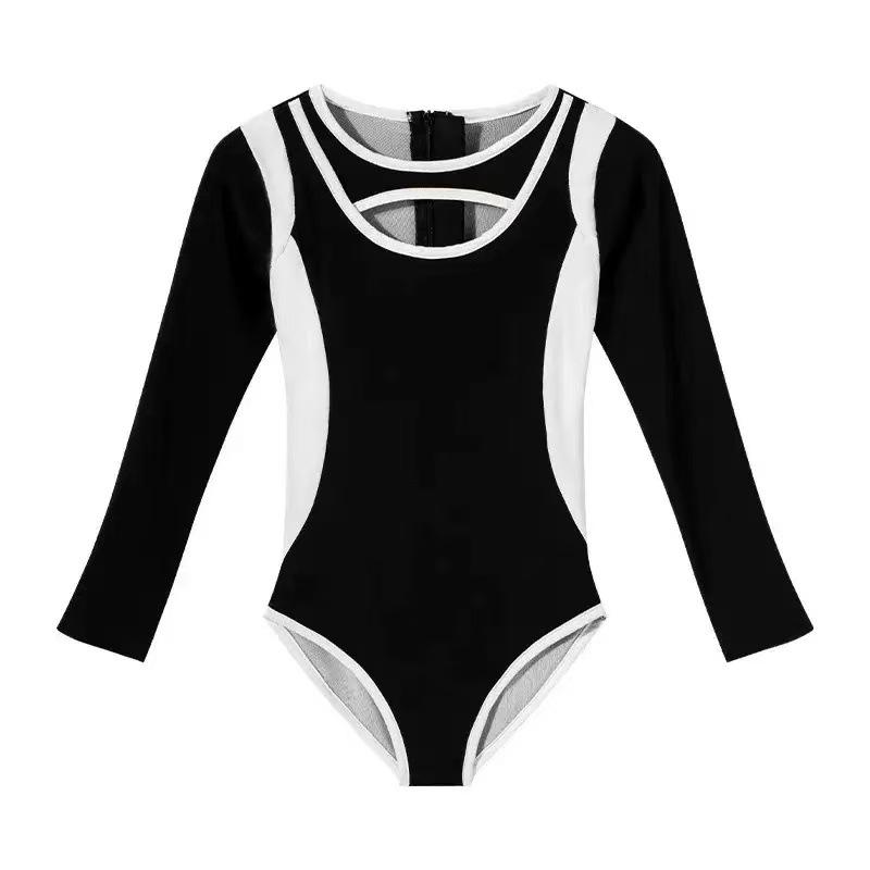 2025 Color Block Girls' Long Sleeve One-Piece Swimsuit, Black, Sizes S-L, with Zipper