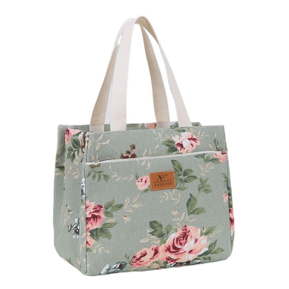 

Zippered Floral Print Lunch Bag Insulated Tote Bag Portable Handbag Outddor Style A