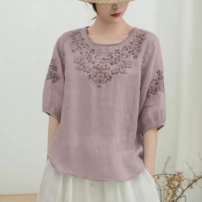 Women's Linen Embroidered Blouse Round Neck Half Sleeve Casual Summer Top