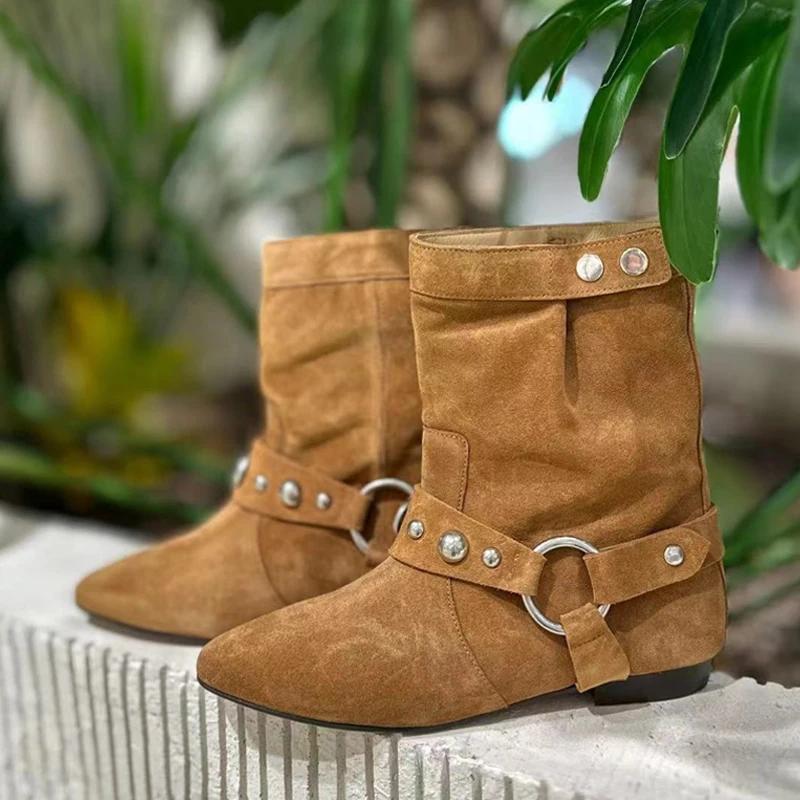 Autumn Winter Women's Brown Western Boots Fashion Metal Belt Rivet Buckle Casual Flat Shoes Ankle Booties Zapatos De Mujer