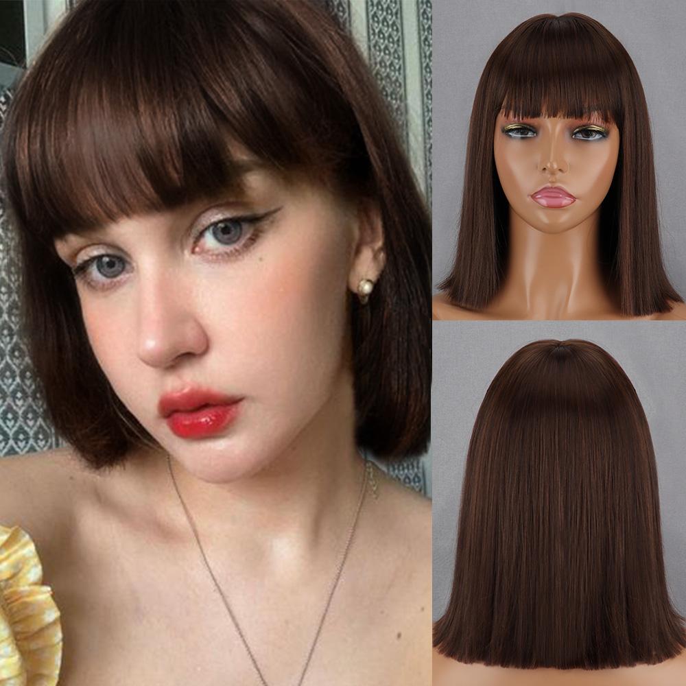MISS WIG Women Fashion Short Straight Bob Wig with Bangs Synthetic Fiber Brown Black Blonde Short Wig Daily Wear