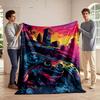 Futuristic Cityscape and Game Controller Art. Flannel Blanket for Bedroom, Living Room, Sofa, and Nap Sofas.