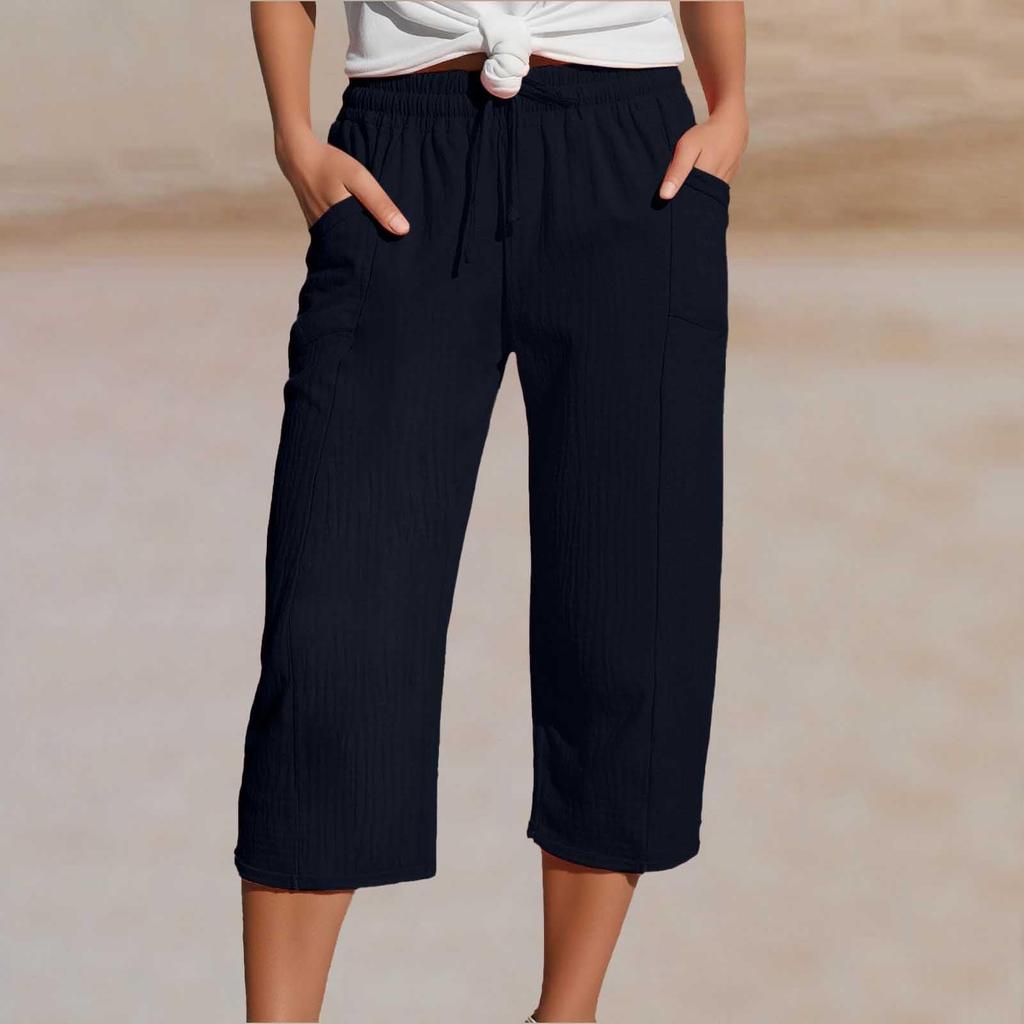 Women's Summer 3/4 Trousers Summer Trousers With Pockets Causal Loose Trousers Fabric Trousers Sport Beach Trousers