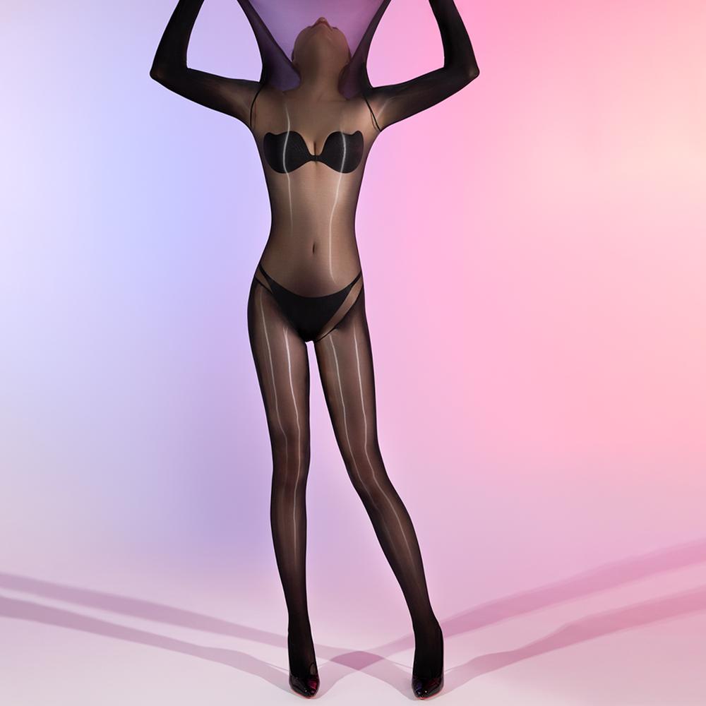 Sexy Women Cosplay Maid Tights 5D Oil Glossy Elastic Bodysuit Sheer See Through One-Piece Thong Nine Sleeve High Neck Leotard