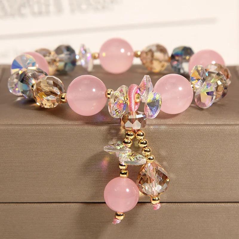 

8mm Natural Crystal Bracelet Fashion Women s Light Luxury Jade Pendant Student Friend Strand Bracelets Birthday Party Jewelry рожевий