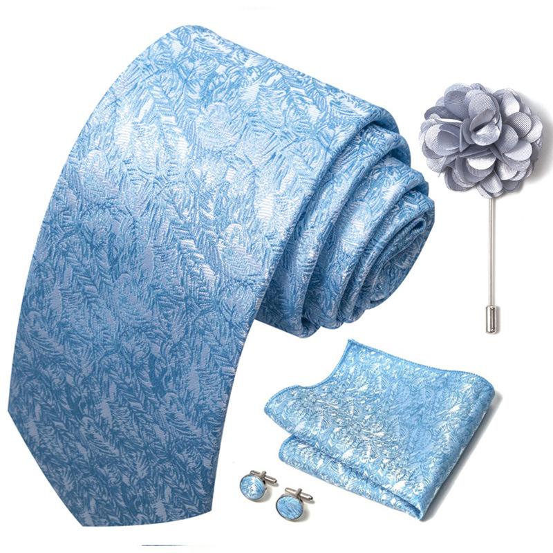 Men 8cm Wide Silk Wed Neck Tie Cufflinks Brooch Pin Handkerchief Business Wedding Party Suits Groom Accessories Gift