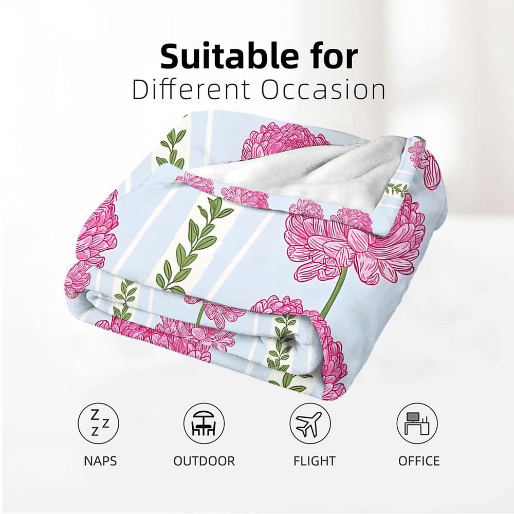 Vintage Peony Wavy Stripe Anime Cartoon Flannel Blanket Soft Warm Throw for Bedroom Sofa Car Kids Holiday Gift