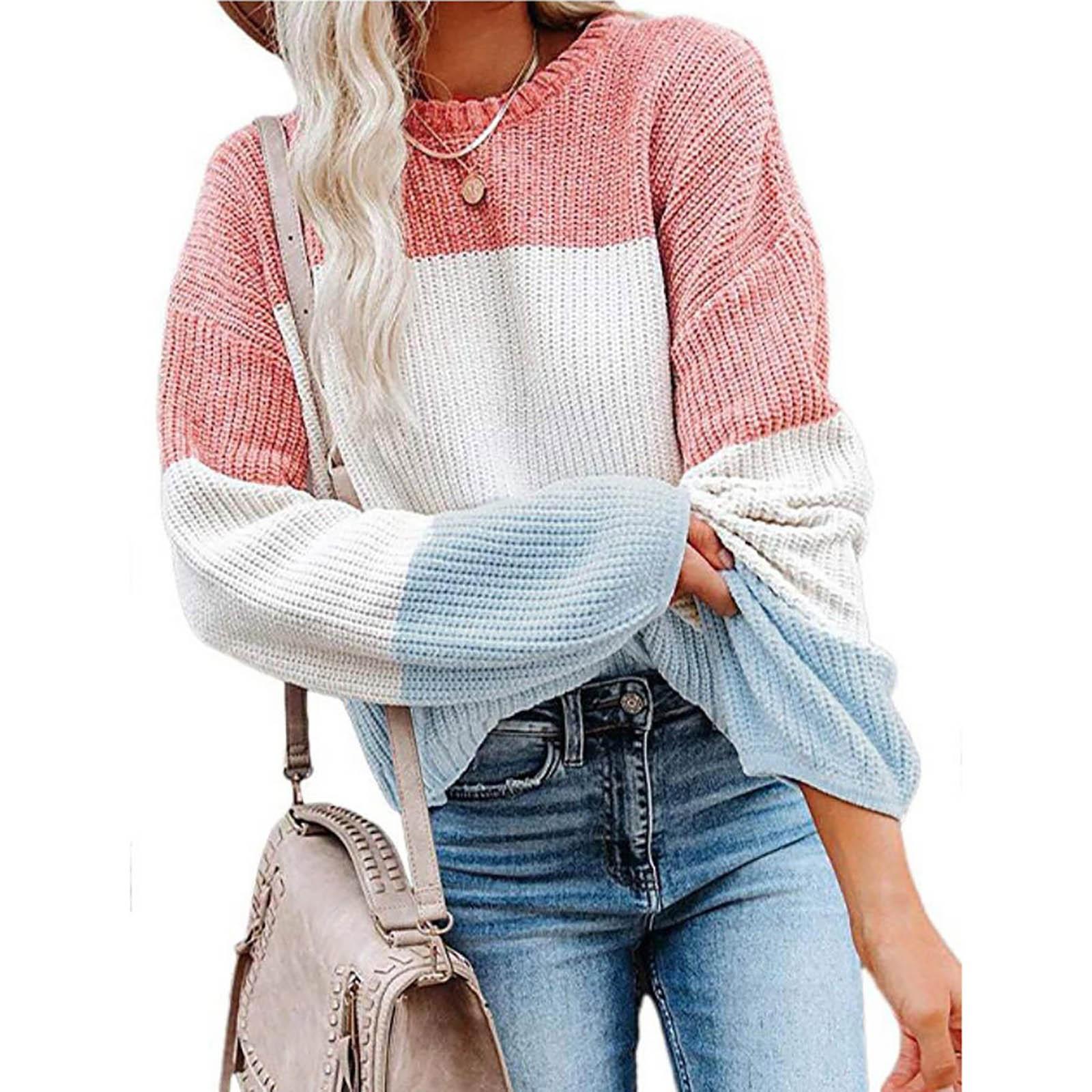 

Женская мода повседневный цветной пэчворк свитер длинный рукав пуловер свитер топ L розовый