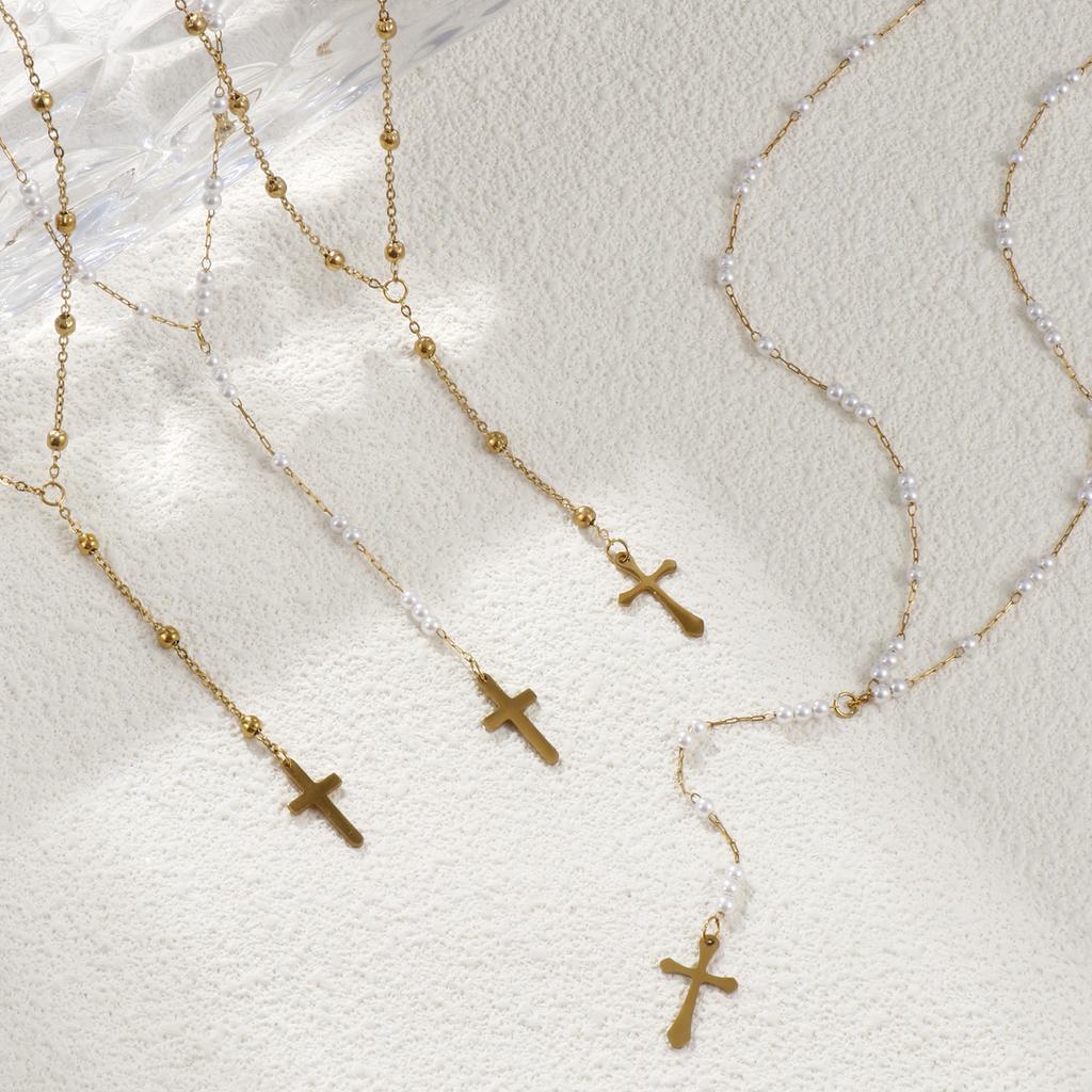 Collana con Ciondolo Croce in Acciaio Inossidabile 304 Placcata Oro 18K Reale Catena a Maglia Cavo Perline Rosario Collana a Goccia Forma a Y