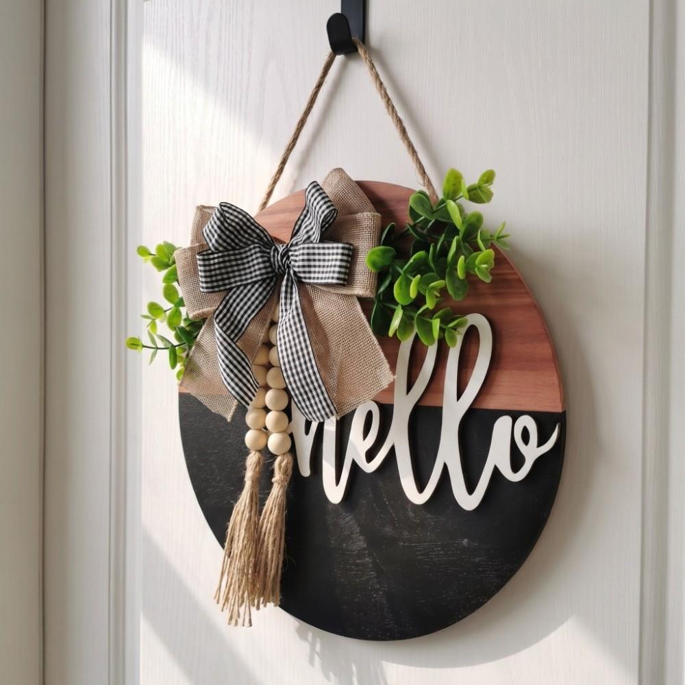 Bowknot Wooden Welcome Sign Artificial Flower Plant Wall Art Door Wreath  Wall Decor