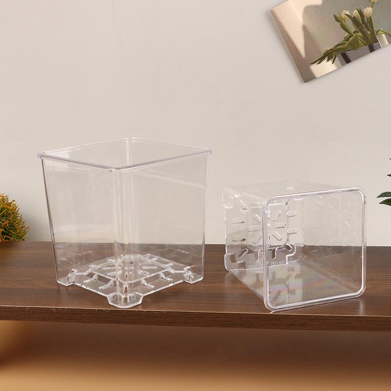 Square Transparent Acrylic Flower Pots Breathable Bonsai Plant Pot Desktop Decoration For Garden Yard Living Room Balcony