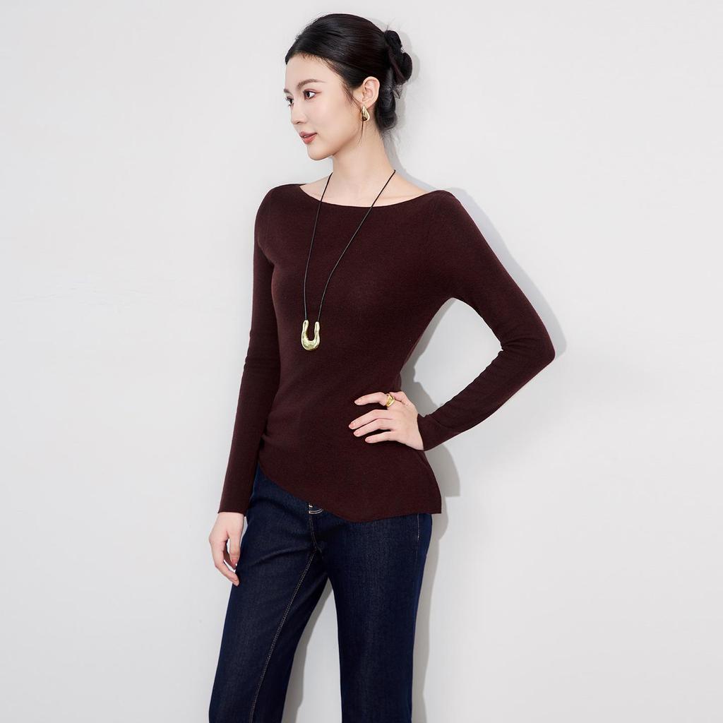 Design Sense Off-Shoulder Tie-Up Wool Knit Top: Minimalist Waist-Defining Long Sleeve for Early Autumn