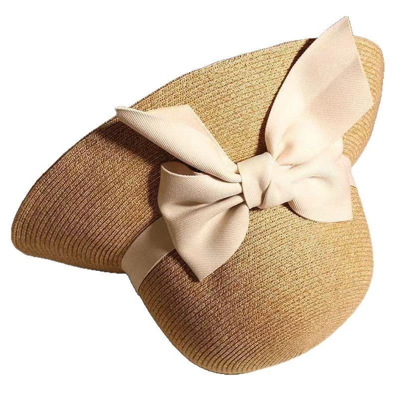 Elegant bow straw hat sweet summer sunshade sunscreen seaside beach hat women's high-end double weave