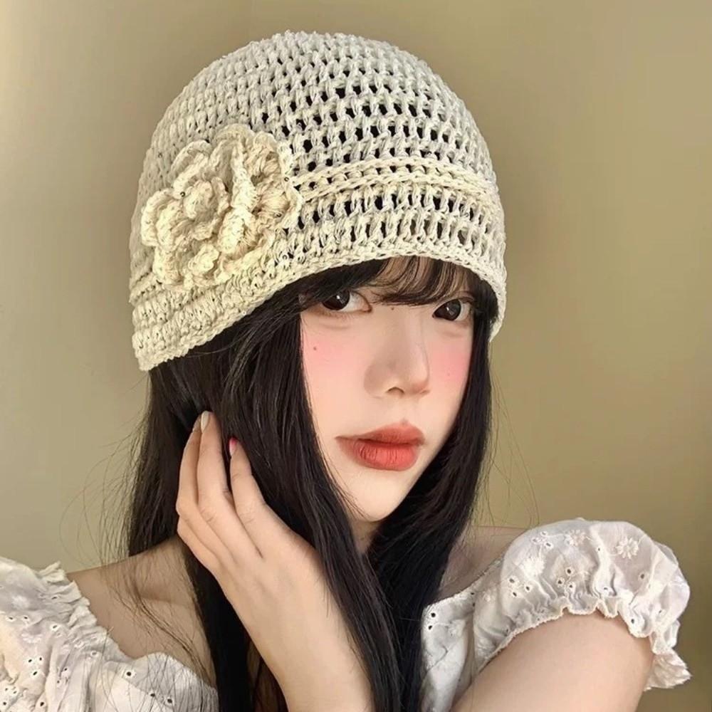 Y2k Flower Knitted Caps Hand-woven Beanies Cap Casual Sequin Crochet Hat  Spring Summer