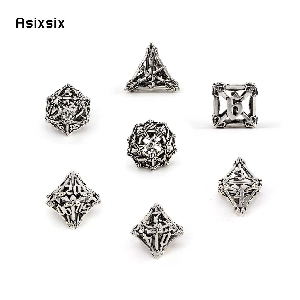7 Pcs White Leaf Flower Metal Dice Hollow Metal Polyhedral Dice Set Suitable for Role-Playing RPG Board Game Card Game
