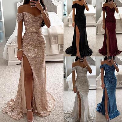 European and American One-Shoulder Sequin Slit Party Dress - Women's Casual Fashion 