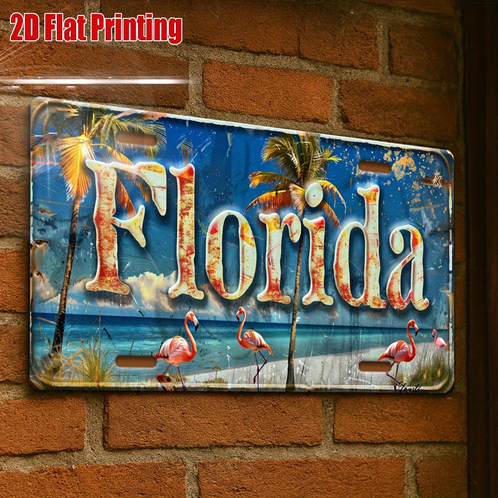 2D Flat Piece, Florida Beach Scene Metal License Plate, Vintage Aluminum Sign, Suitable for Poolside, Patio, Beach Bar