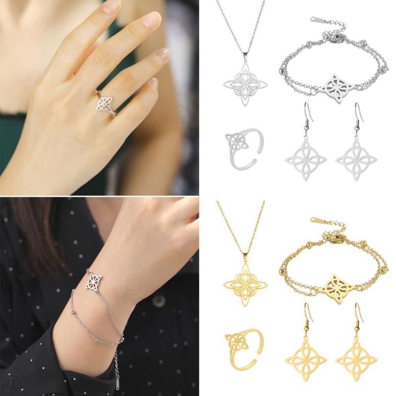 Pulseras de Acero Inoxidable Sencillo Collar con Colgante Nudo Celta Pendientes Anillo Nudo de Bruja Joyería Regalo de Cumpleaños para Mujeres