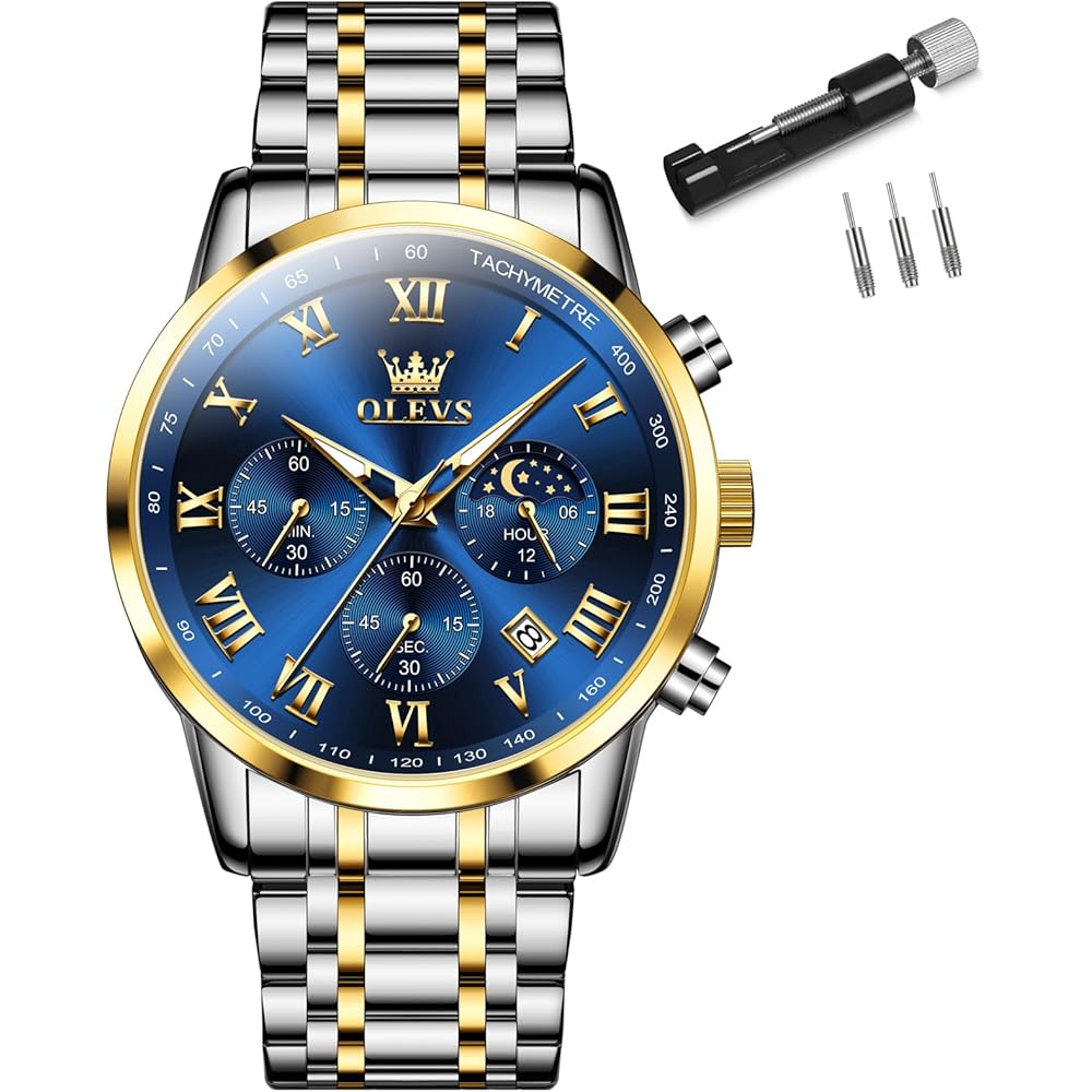 Olevs Men s Analog Quartz Watch Silver Gold Waterproof Business Metal Band Blue Dial Roman Numerals Chronograph