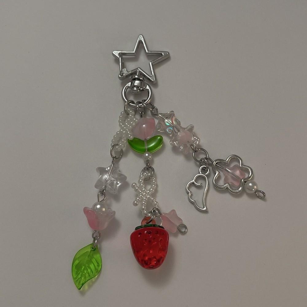 Accessories Sweet Beaded Phone Chain Strawberry Design Tassel Keychain Strap Cute Flower Acrylic Bag Charm Gift