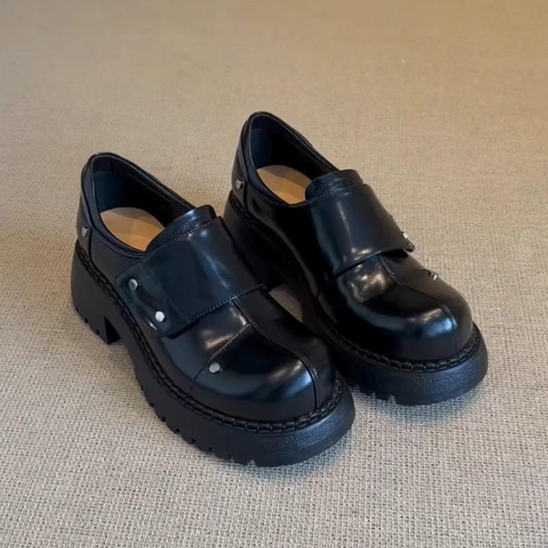 New, cowhide version Derby high-end thick-soled Velcro lazy loafers British style one-pedal small leather shoes