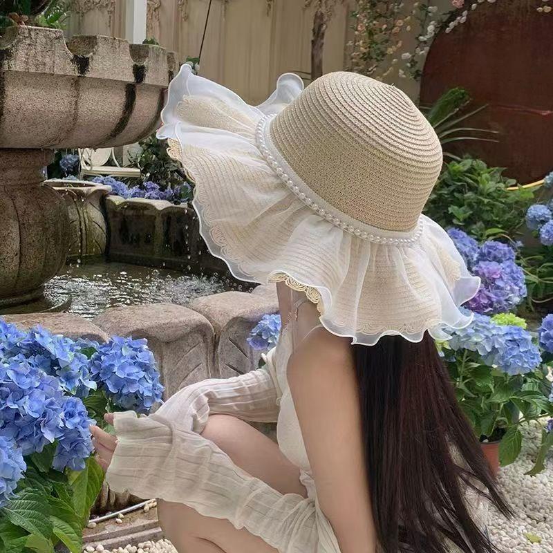 French Lace Bow Straw Hat Women's Summer Big Brim Sunshade Sunscreen Hat Seaside Beach Vacation Sun Hat