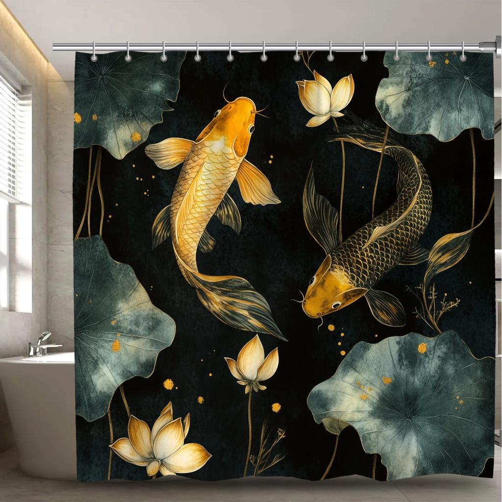 1pc Beautiful Dark Goldfish and Lotus Digital Print Shower Curtain, Machine Washable, Four Seasons Bathroom Decor with Hooks