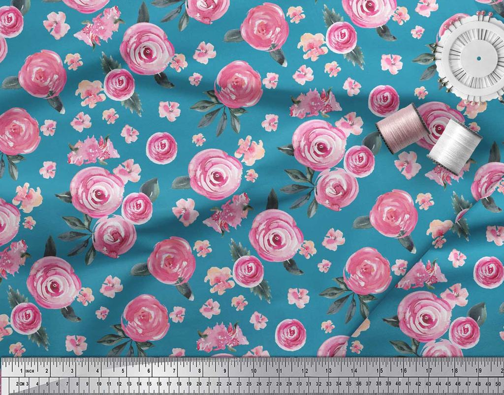 Soimoi Blue Poly Crepe Fabric Leaves & Ranunculus Floral Print Fabric by the metre 42 Inch