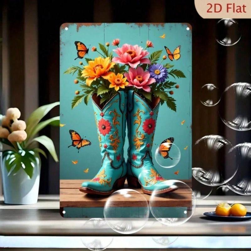 Metal Wall Art Vintage Cowboy Boot with Flowers for Living Room Decor