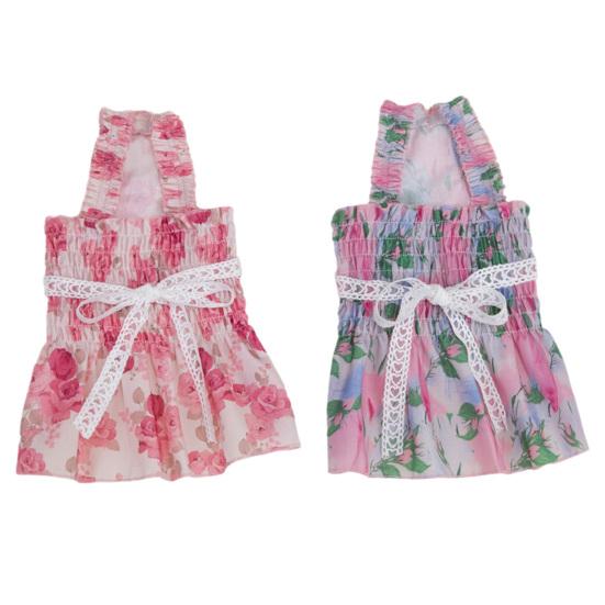 Dog Princess Dress with Floral Pattern Ruffle Sleeveless Puppy Summer Dress with Lace Bow Elastic Breathable Pet Clothes for Small Dogs Cats