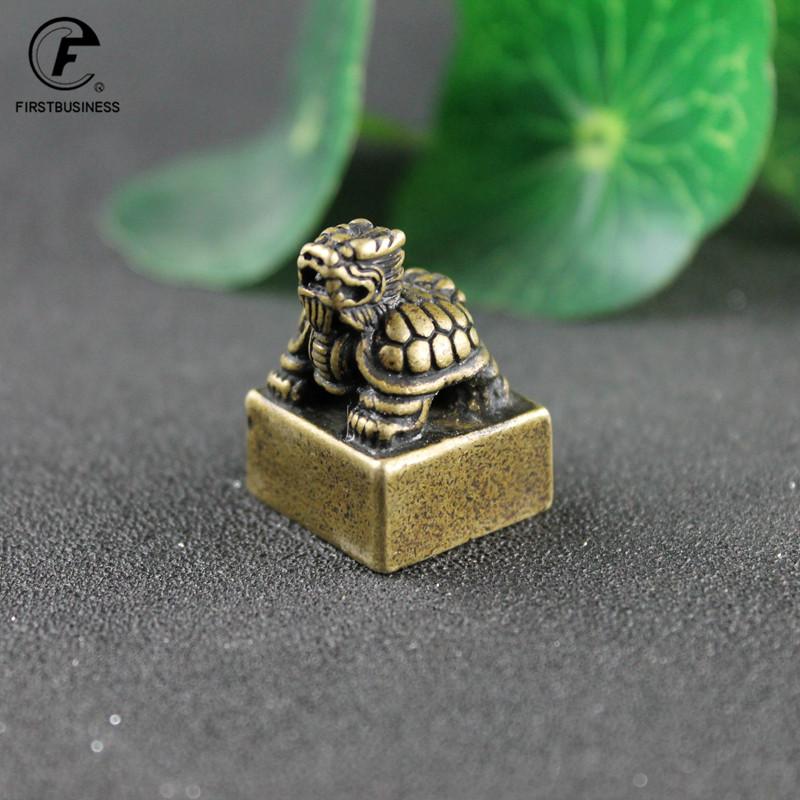 Retro Solid Brass Dragon Turtle Seal Statue Chinese Feng Shui Lucky Home Decorations Ornaments Lovable Animal Figurines Desk
