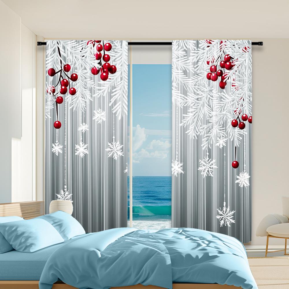

2Pcs Christmas Snowflake And Red Berry Print Polyester Material Window Curtains Rod Pocket Design For Easy Hanging Perfect For 29x65in(75x166cm)