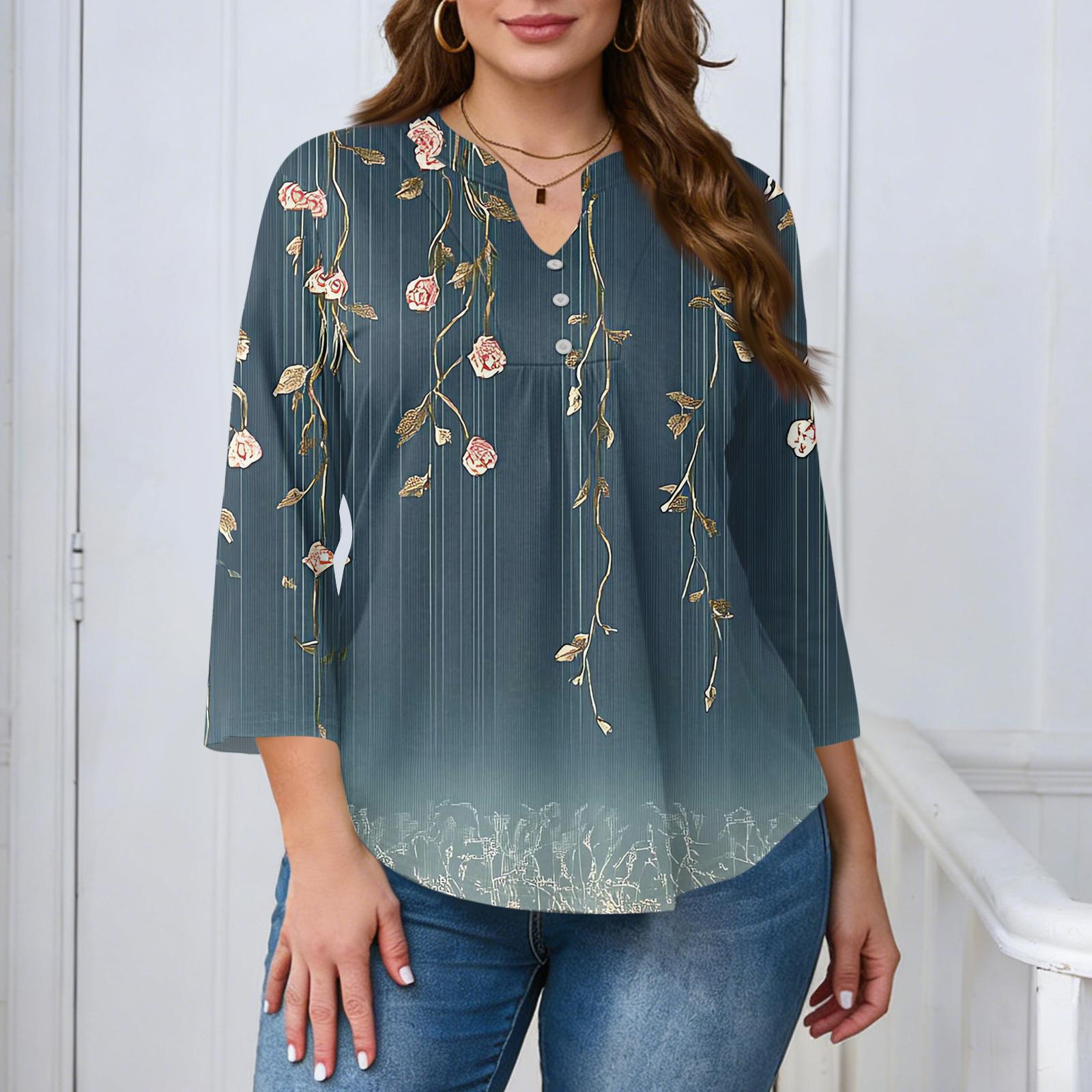 

Women’s V Neck Three Quarter Sleeve Blouse with Floral Print Loose Fit Casual Top for Daily Wear Office Work School XXXXXL